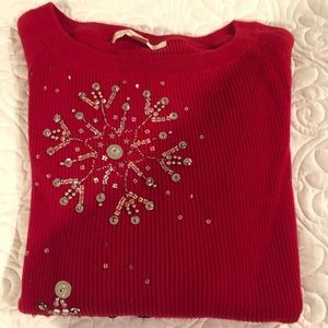 Boston Proper, L, ribbed, red-snowflake sweater